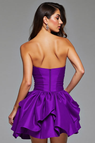 Ruffled Dark Purple Strapless Homecoming Dress with 3D Flowers